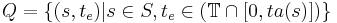 Q=\{(s,t_e)|s \in S, t_e \in (\mathbb{T} \cap [0, ta(s)])\}