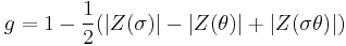 g=1-\frac{1}{2}(|Z(\sigma)|-|Z(\theta)|%2B|Z(\sigma\theta)|)