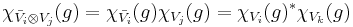 \chi_{\bar{V}_i\otimes V_j}(g)=\chi_{\bar{V}_i}(g)\chi_{V_j}(g)=\chi_{V_i}(g)^*\chi_{V_k}(g)