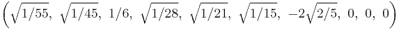 \left(\sqrt{1/55},\ \sqrt{1/45},\ 1/6,\ \sqrt{1/28},\ \sqrt{1/21},\ \sqrt{1/15},\ -2\sqrt{2/5},\ 0,\ 0,\ 0\right)