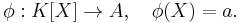  \phi: K[X]\to A, \quad \phi(X)=a.