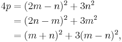 
\begin{align}4p
&= (2m-n)^2 %2B 3n^2 \\
&= (2n-m)^2 %2B 3m^2 \\
&= (m%2Bn)^2 %2B 3(m-n)^2,
\end{align}
