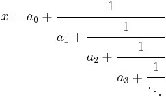 x = a_0 %2B \cfrac{1}{a_1 %2B \cfrac{1}{a_2 %2B \cfrac{1}{a_3 %2B \cfrac{1}{\ddots\,}}}} 