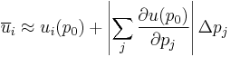  \overline u_i \approx u_i(p_0)%2B\left|\sum_j\frac{\partial u(p_0)}{\partial p_j}\right|\Delta p_j  