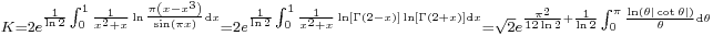 {}_{K=2e^{\frac{1}{\ln 2}\int_0^1\frac{1}{x^2%2Bx}\ln \frac{\pi\left(x-x^3\right)}{\sin\left(\pi x\right)}{\rm{d}} x}=2e^{\frac{1}{\ln 2}\int_0^1\frac{1}{x^2%2Bx}\ln \left[\Gamma\left(2-x\right)\right]\ln \left[\Gamma\left(2%2Bx\right)\right]{\rm{d}} x}=\sqrt2e^{\frac{\pi^2}{12\ln 2}%2B\frac{1}{\ln 2}\int_0^{\pi}\frac{\ln\left(\theta|\cot\theta|\right)}{\theta}{\rm{d}} \theta}}