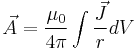  \vec{A} = \frac{\mu_{0}}{4\pi} \int{ \frac{\vec{J} } {r} dV} 