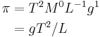 \begin{align}\pi &= T^2M^0L^{-1}g^1\\
                        &= gT^2/L\end{align}