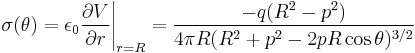 
\sigma(\theta)
= \epsilon_0 \frac{\partial V}{\partial r} \Bigg|_{r=R}
=\frac{-q(R^2-p^2)}{4\pi R(R^2%2Bp^2-2pR\cos\theta)^{3/2}}
