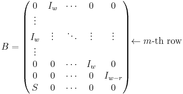 
B = \begin{pmatrix}
0 & I_{w} & \cdots & 0 & 0 \\
\vdots & & & & \\
I_{w} & \vdots & \ddots & \vdots & \vdots \\
\vdots & & & & \\
0 & 0 & \cdots & I_{w} & 0 \\
0 & 0 & \cdots & 0 & I_{w - r} \\
S & 0 & \cdots & 0 & 0
\end{pmatrix}
\begin{matrix}
\\ \\ \leftarrow m\hbox{-th row} \\ \\ \\ \\
\end{matrix}
