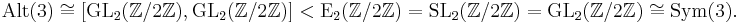 \operatorname{Alt}(3) \cong [\operatorname{GL}_2(\mathbb{Z}/2\mathbb{Z}),\operatorname{GL}_2(\mathbb{Z}/2\mathbb{Z})] < \operatorname{E}_2(\mathbb{Z}/2\mathbb{Z}) = \operatorname{SL}_2(\mathbb{Z}/2\mathbb{Z}) = \operatorname{GL}_2(\mathbb{Z}/2\mathbb{Z}) \cong \operatorname{Sym}(3).