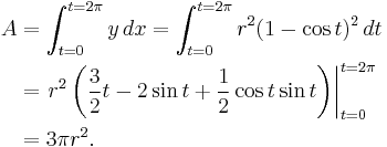 \begin{align}
A &= \int_{t=0}^{t=2 \pi} y \, dx = \int_{t=0}^{t=2 \pi} r^2(1-\cos t)^2 \, dt \\
&= \left. r^2 \left( \frac{3}{2}t-2\sin t %2B \frac{1}{2} \cos t \sin t\right) \right|_{t=0}^{t=2\pi} \\
&= 3 \pi r^2.
\end{align}