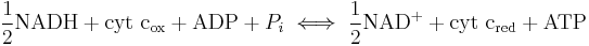 
\frac{1}{2}\mathrm{NADH} %2B \mathrm{cyt~c_{ox}} %2B \mathrm{ADP} %2B P_i \iff \frac{1}{2}\mathrm{NAD^{%2B}} %2B \mathrm{cyt~c_{red}} %2B \mathrm{ATP}
