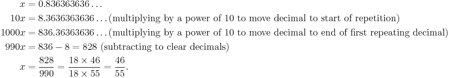 \begin{align}
    x &=   0.836363636\ldots\\
  10x &= 8.3636363636\ldots\text{(multiplying by a power of 10 to move decimal to start of repetition)}\\
1000x &= 836.36363636\ldots\text{(multiplying by a power of 10 to move decimal to end of first repeating decimal)}\\
 990x &= 836 - 8 = 828 \text{   (subtracting to clear decimals)}\\
    x &= \frac{828}{990} = \frac{18 \times 46}{18 \times 55} = \frac{46}{55}.
\end{align}