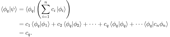  \begin{align} \left \langle \phi_q \vert \psi \right \rangle & = \left \langle \phi_q \right | \left ( \sum_{i = 1}^n c_i \left | \phi_i \right \rangle \right ) \\ 
 & = c_1 \left \langle \phi_q \vert \phi_1 \right \rangle 
%2B c_2 \left \langle \phi_q \vert \phi_2 \right \rangle 
%2B \cdots %2B c_q \left \langle \phi_q \vert \phi_q \right \rangle 
%2B \cdots \left \langle \phi_q \vert c_n \phi_n \right \rangle \\
& = c_q .
\end{align}