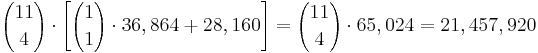 {11 \choose 4} \cdot \left[ {1 \choose 1} \cdot 36,864 %2B 28,160 \right] = {11 \choose 4} \cdot 65,024 = 21,457,920