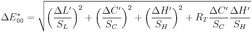 \Delta E_{00}^* = \sqrt{ \left(\frac{\Delta L'}{S_L}\right)^2 %2B \left(\frac{\Delta C'}{S_C}\right)^2 %2B \left(\frac{\Delta H'}{S_H}\right)^2 %2B R_T \frac{\Delta C'}{S_C}\frac{\Delta H'}{S_H} }