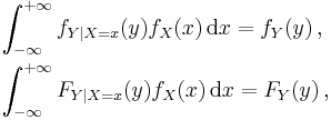  \begin{align}
& \int_{-\infty}^{%2B\infty} f_{Y|X=x} (y) f_X(x) \, \mathrm{d}x = f_Y(y) \, , \\
& \int_{-\infty}^{%2B\infty} F_{Y|X=x} (y) f_X(x) \, \mathrm{d}x = F_Y(y) \, ,
\end{align} 