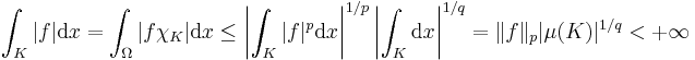 {\int_K|f|\mathrm{d}x}={\int_\Omega|f\chi_K|\mathrm{d}x}\leq\left|{\int_K|f|^p \mathrm{d}x}\right|^{1/p}\left|{\int_K \mathrm{d}x}\right|^{1/q}=\|f\|_p|\mu(K)|^{1/q}<%2B\infty