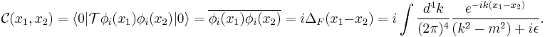 \mathcal C(x_1, x_2)=\left \langle 0 |\mathcal T\phi_i(x_1)\phi_i(x_2)|0\right \rangle=\overline{\phi_i(x_1)\phi_i(x_2)}=i\Delta_F(x_1-x_2)
=i\int{\frac{d^4k}{(2\pi)^4}\frac{e^{-ik(x_1-x_2)}}{(k^2-m^2)%2Bi\epsilon}}.