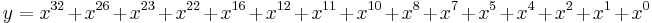 y = x^{32} %2B x^{26} %2B x^{23} %2B x^{22} %2B x^{16} %2B x^{12} %2B x^{11} %2B x^{10} %2B x^{8} %2B x^{7} %2B x^{5} %2B x^{4} %2B x^{2} %2B x^{1} %2B x^{0}