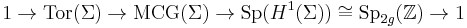 1 \to \mbox{Tor}(\Sigma) \to \mbox{MCG}(\Sigma) \to \mbox{Sp}(H^1(\Sigma)) \cong \mbox{Sp}_{2g}(\mathbb{Z}) \to 1