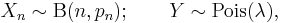 X_n \sim \textrm{B}(n,p_n); \qquad Y\sim\textrm{Pois}(\lambda), \,