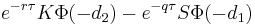  e^{-r \tau} K\Phi(-d_2) - e^{-q \tau} S\Phi(-d_1)  \, 