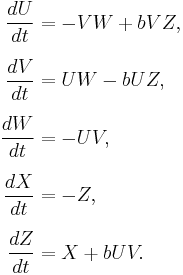 \begin{align}
\frac{dU}{dt} & = -VW%2BbVZ,\\[6pt]
\frac{dV}{dt} & = UW-bUZ,\\[6pt]
\frac{dW}{dt} & = -UV,\\[6pt]
\frac{dX}{dt} & = -Z,\\[6pt]
\frac{dZ}{dt} & = X%2BbUV.
\end{align}
