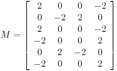 M = \left[ {\begin{array}{*{10}c}
   2 & 0 & 0 & -2  \\
   0 & -2 & 2 & 0  \\
   2 & 0 & 0 & -2  \\
   -2 & 0 & 0 & 2  \\
   0 & 2 & -2 & 0  \\
   -2 & 0 & 0 & 2  \\
 \end{array} } \right]