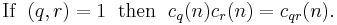 \mbox{If } \;(q,r) = 1 \;\mbox{ then }\; c_q(n)c_r(n)=c_{qr}(n).