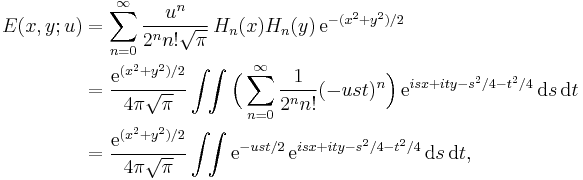 
\begin{align}E(x, y; u) &= \sum_{n=0}^\infty \frac{u^n}{2^n n! \sqrt{\pi}} \, H_n(x) H_n(y) \, \mathrm{e}^{ - (x^2%2By^2)/2} \\
& =\frac{\mathrm{e}^{(x^2%2By^2)/2}}{4\pi\sqrt{\pi}}\int \!\! \int \Bigl( \sum_{n=0}^\infty \frac{1}{2^n n! } (-ust)^n \Bigr) \,  \mathrm{e}^{isx%2Bity - s^2/4 - t^2/4}\, \mathrm{d}s\,\mathrm{d}t \\
& =\frac{\mathrm{e}^{(x^2%2By^2)/2} }{4\pi\sqrt{\pi}}\int \!\! \int \mathrm{e}^{-ust/2} \, \mathrm{e}^{isx%2Bity - s^2/4 - t^2/4}\, \mathrm{d}s\,\mathrm{d}t,\end{align}
