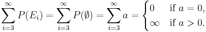 \sum_{i=3}^\infty P(E_i)=\sum_{i=3}^\infty P(\emptyset)=\sum_{i=3}^\infty a = \begin{cases} 0 & \text{if } a=0, \\ \infty & \text{if } a>0. \end{cases}