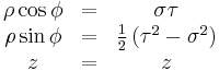 \begin{matrix}
    \rho\cos\phi & = & \sigma \tau\\
    \rho\sin\phi & = & \frac{1}{2} \left( \tau^{2} - \sigma^{2} \right) \\
    z & = & z \end{matrix}