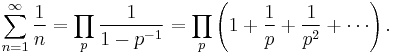 \sum_{n=1}^\infty \frac{1}{n} = \prod_{p} \frac{1}{1-p^{-1}}
=\prod_{p} \left( 1%2B\frac{1}{p}%2B\frac{1}{p^2}%2B\cdots \right).
