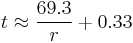  t \approx \frac{69.3}{r} %2B 0.33