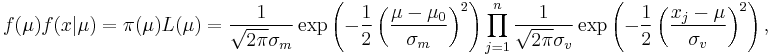 f(\mu) f(x | \mu)=\pi(\mu) L(\mu) =  \frac{1}{\sqrt{2 \pi} \sigma_m} \exp\left(-\frac{1}{2} \left(\frac{\mu-\mu_0}{\sigma_m}\right)^2\right) \prod_{j=1}^n \frac{1}{\sqrt{2 \pi} \sigma_v} \exp\left(-\frac{1}{2} \left(\frac{x_j - \mu}{\sigma_v}\right)^2\right),