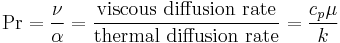 \mathrm{Pr} = \frac{\nu}{\alpha} = \frac{\mbox{viscous diffusion rate}}{\mbox{thermal diffusion rate}} = \frac{c_p \mu}{k}