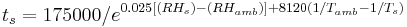 t_s = 175000/e^{0.025[(RH_s)-(RH_{amb})] %2B8120(1/T_{amb}-1/T_s)}