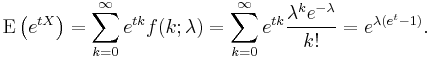 \mathrm{E}\left(e^{tX}\right)=\sum_{k=0}^\infty e^{tk} f(k;\lambda)=\sum_{k=0}^\infty e^{tk} {\lambda^k e^{-\lambda} \over k!} =e^{\lambda(e^t-1)}.