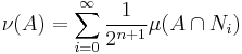 \nu(A)=\sum_{i=0}^\infty \frac{1}{2^{n%2B1}}\mu(A\cap N_i)