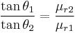 \frac{{\tan\theta_1}}{{\tan\theta_2}} = \frac{{\mu_{r2}}}{{\mu_{r1}}}