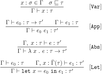
\begin{array}{cl}
\displaystyle\frac{x:\sigma \in \Gamma \quad \sigma \sqsubseteq \tau}{\Gamma \vdash x:\tau}&[\texttt{Var}]\\ \\
\displaystyle\frac{\Gamma \vdash e_0:\tau \rightarrow \tau' \quad\quad \Gamma \vdash e_1�: \tau }{\Gamma \vdash e_0\ e_1�: \tau'}&[\texttt{App}]\\ \\
\displaystyle\frac{\Gamma,\;x:\tau\vdash e:\tau'}{\Gamma \vdash \lambda\ x\ .\ e�: \tau \rightarrow \tau'}&[\texttt{Abs}]\\ \\
\displaystyle\frac{\Gamma \vdash e_0:\tau \quad\quad \Gamma,\,x:\bar{\Gamma}(\tau) \vdash e_1:\tau'}{\Gamma \vdash \texttt{let}\ x = e_0\ \texttt{in}\ e_1�:  \tau'}&[\texttt{Let}]
\end{array}
