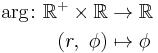 \begin{align}
\arg \colon \mathbb{R}^%2B\times\mathbb{R} &\to \mathbb{R} \\
(r,\ \phi) &\mapsto  \phi
\end{align}