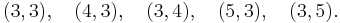 (3, 3),\quad (4, 3),\quad (3, 4),\quad (5, 3),\quad (3,5).