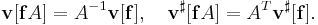 \mathbf{v}[\mathbf{f}A] = A^{-1}\mathbf{v}[\mathbf{f}],\quad \mathbf{v}^\sharp[\mathbf{f}A] = A^T\mathbf{v}^\sharp[\mathbf{f}].