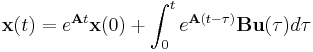 \mathbf x(t) = e^{\mathbf At}\mathbf x(0) %2B \int_0^t e^{\mathbf A(t-\tau)} \mathbf B\mathbf u(\tau) d \tau