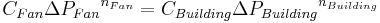  C_{Fan}{{\Delta}P_{Fan}}^{n_{Fan}} = C_{Building}{{\Delta}P_{Building}}^{n_{Building}}\,\!