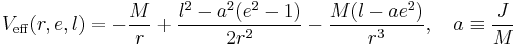  V_{\rm{eff}}(r,e,l)=-\frac{M}{r}%2B\frac{l^2-a^2(e^2-1)}{2r^2}-\frac{M(l-ae^2)}{r^3},~~~
a\equiv \frac{J}{M} 