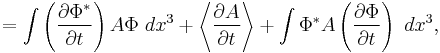  = \int \left( \frac{\partial \Phi^*}{\partial t} \right) A\Phi~dx^3 %2B \left\langle \frac{\partial A}{\partial t}\right\rangle %2B \int \Phi^* A \left( \frac{\partial \Phi}{\partial t} \right) ~dx^3, 