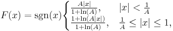 
F(x) = \sgn(x) \begin{cases} {A |x| \over 1 %2B \ln(A)}, & |x| < {1 \over A} \\
\frac{1%2B \ln(A |x|)}{1 %2B \ln(A)}, & {1 \over A} \leq |x| \leq 1, \end{cases}
